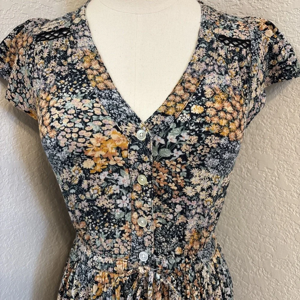 American Eagle Lace Tiered Floral Maxi Dress Women XS Multi Boho Prairie Cottage